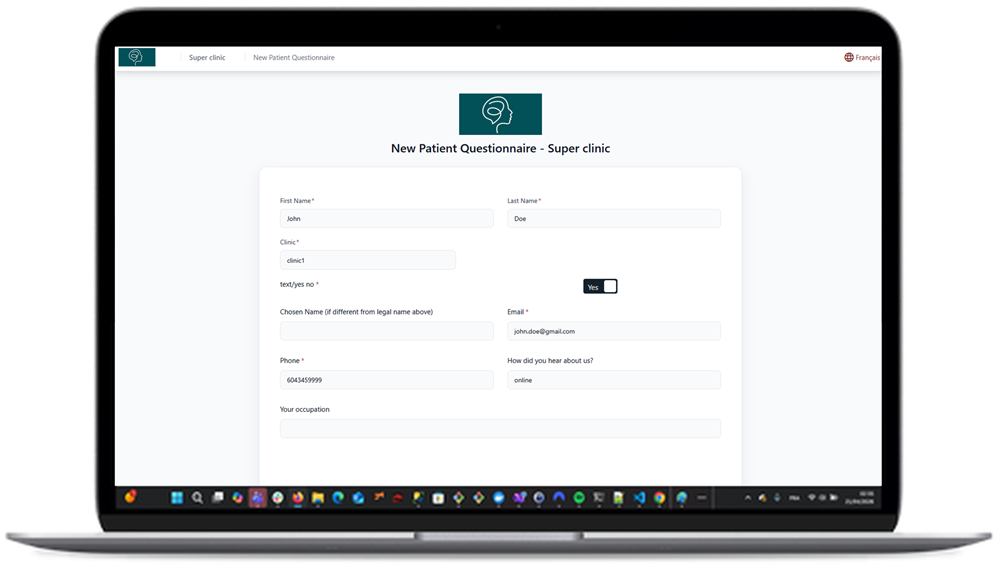 Online intake form for therapists, on desktop, tablet and phone