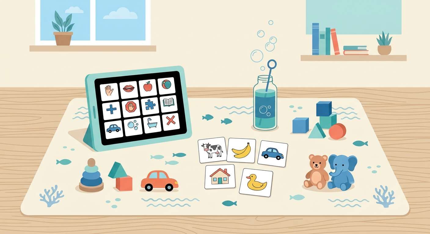 Speech therapy materials on a play mat: communication tablet, picture cards, bubbles and toys
