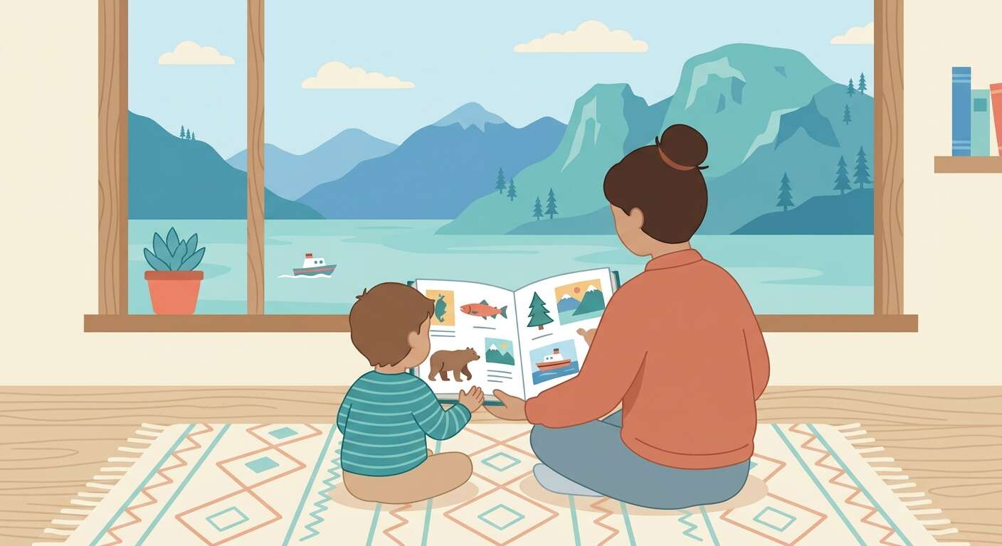 Adult and young child reading a picture book together, mountains outside the window