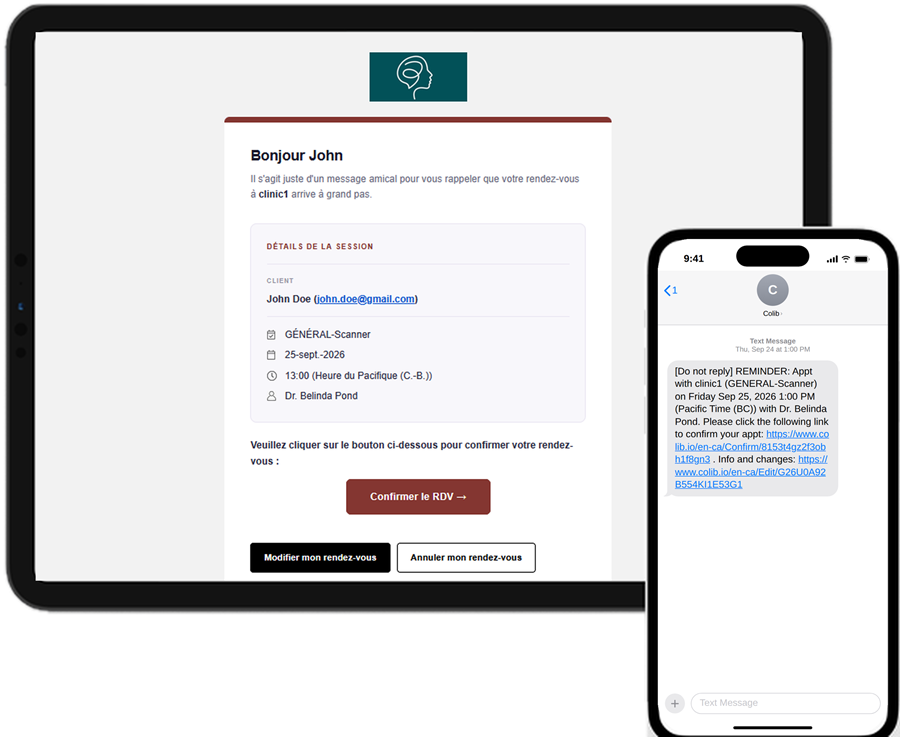 Automatic appointment reminders by email and SMS in Colib