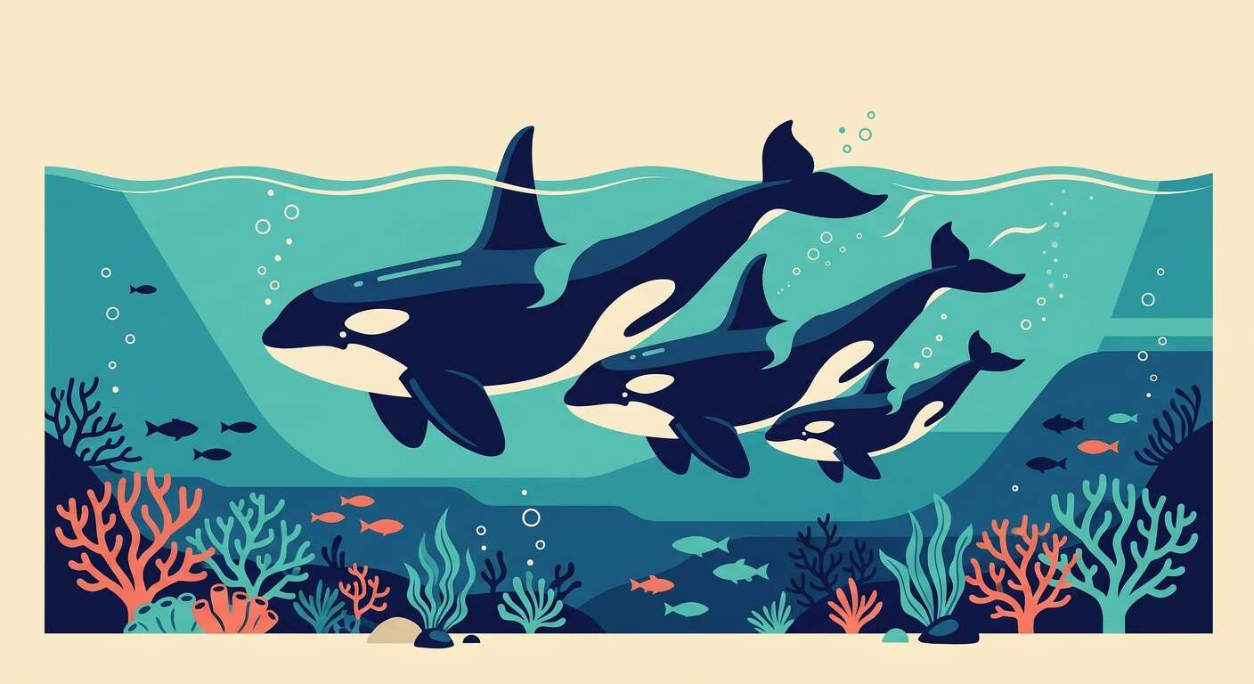 Illustration of an orca pod swimming together